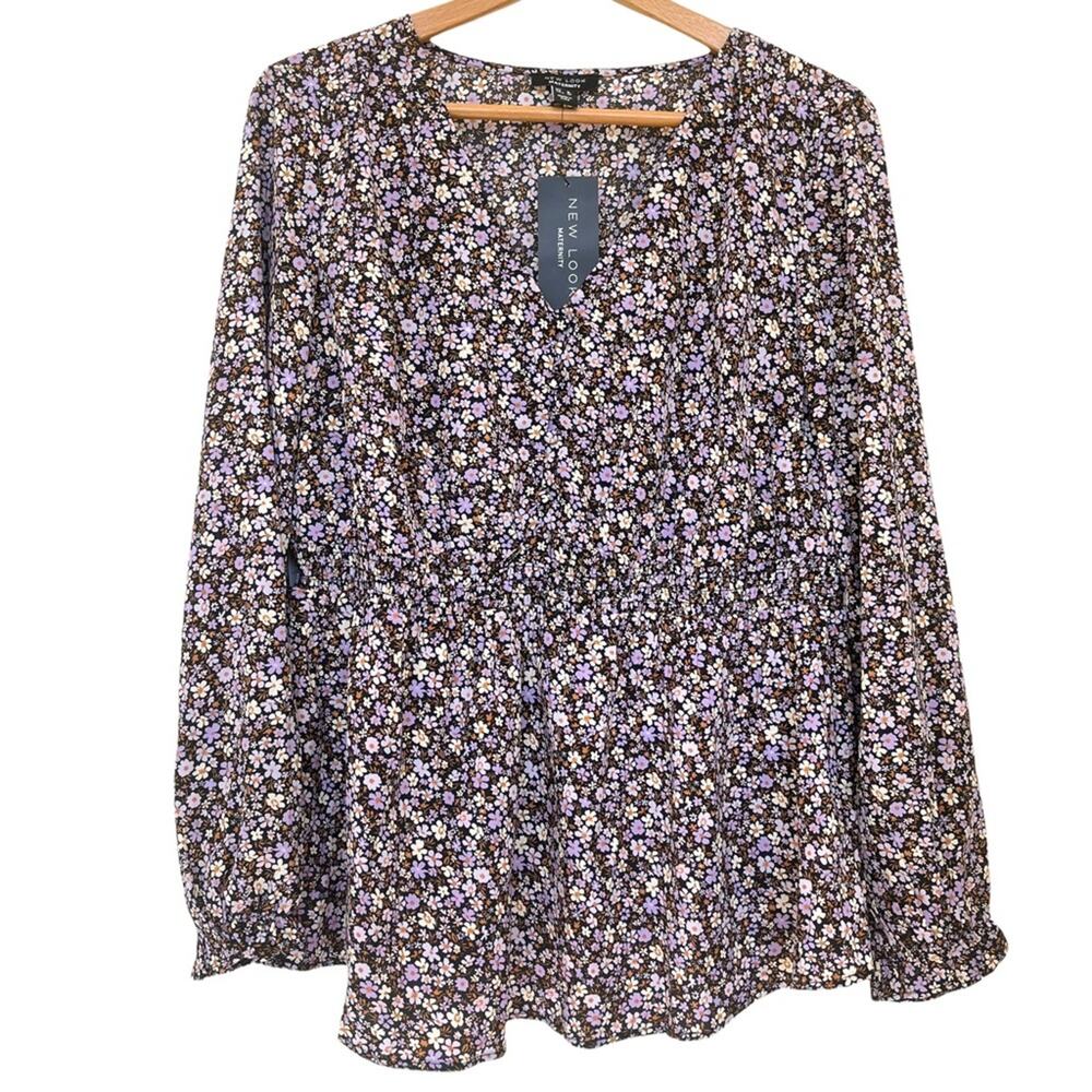 New Look Maternity Blouse Sz 12 Floral V Neck Peplum Buttons Gathered Waist